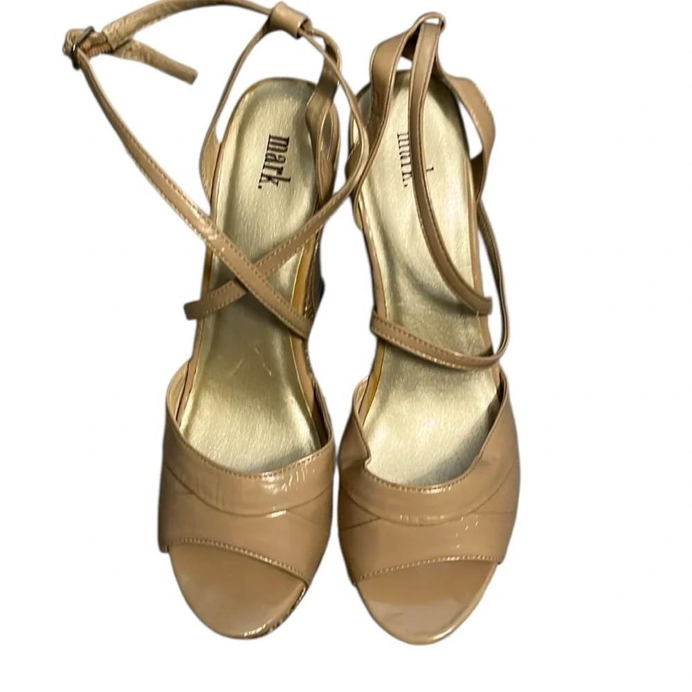 Mark size 10  nude patent leather open toe wedges NWOT